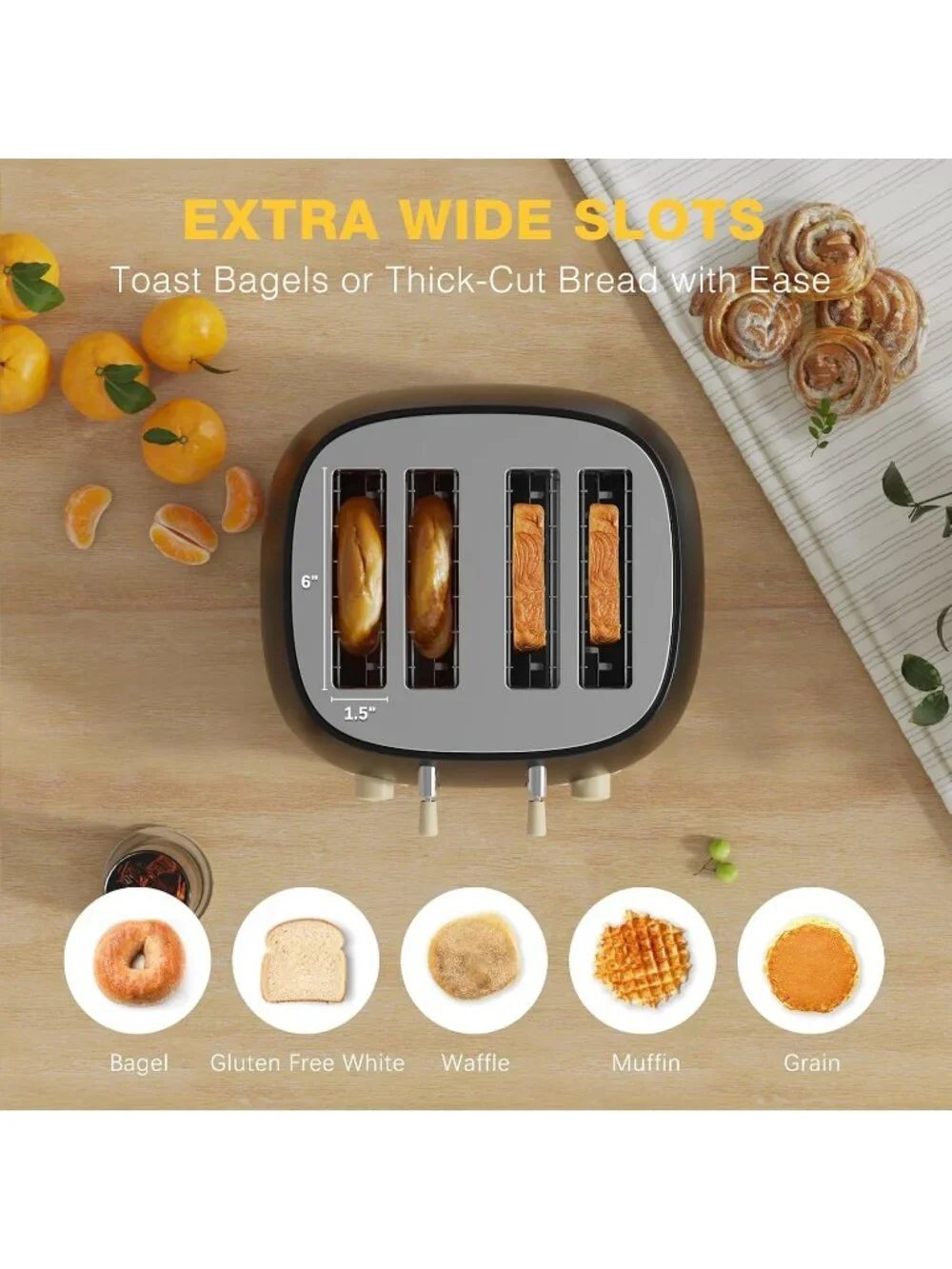 4 Slice Matt Black Retro Stainless Steel Extra Wide Slots Cancel Toaster